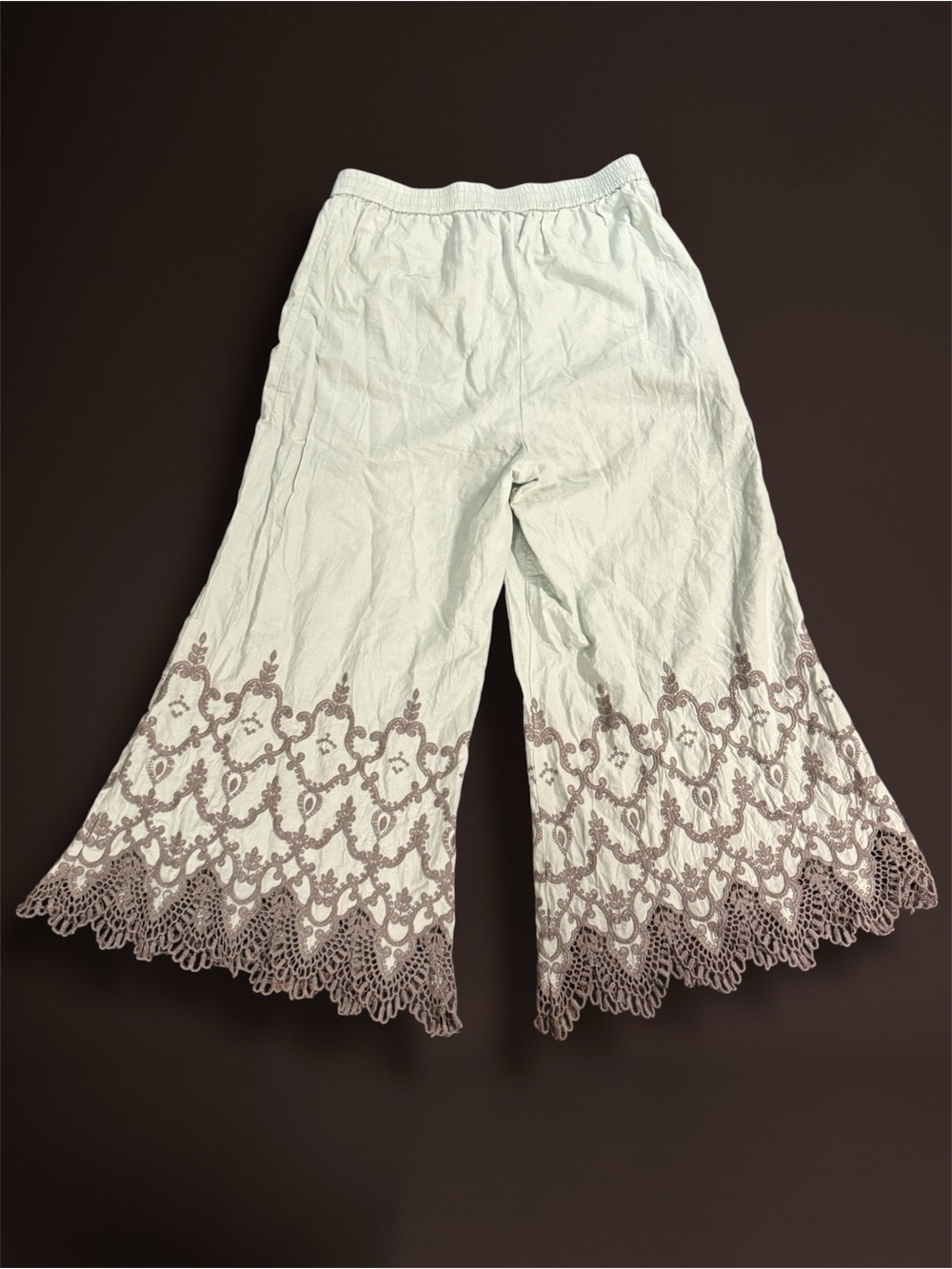 Light Mint Wide-Leg Lace Trim Palazzo Pants 100% Cotton - Picture 2 of 6